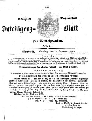 Königlich Bayerisches Intelligenzblatt für Mittelfranken (Ansbacher Intelligenz-Zeitung) Samstag 17. September 1853