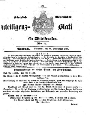 Königlich Bayerisches Intelligenzblatt für Mittelfranken (Ansbacher Intelligenz-Zeitung) Mittwoch 21. September 1853