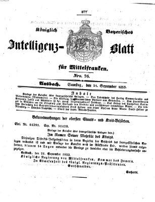 Königlich Bayerisches Intelligenzblatt für Mittelfranken (Ansbacher Intelligenz-Zeitung) Samstag 24. September 1853