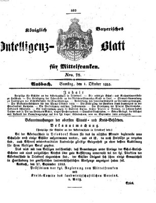 Königlich Bayerisches Intelligenzblatt für Mittelfranken (Ansbacher Intelligenz-Zeitung) Samstag 1. Oktober 1853