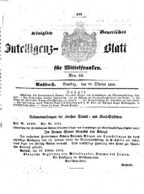 Königlich Bayerisches Intelligenzblatt für Mittelfranken (Ansbacher Intelligenz-Zeitung) Samstag 22. Oktober 1853