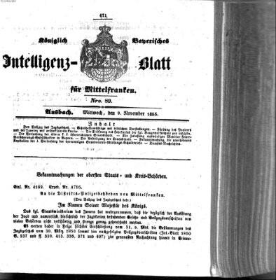 Königlich Bayerisches Intelligenzblatt für Mittelfranken (Ansbacher Intelligenz-Zeitung) Mittwoch 9. November 1853