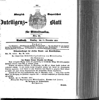 Königlich Bayerisches Intelligenzblatt für Mittelfranken (Ansbacher Intelligenz-Zeitung) Samstag 19. November 1853