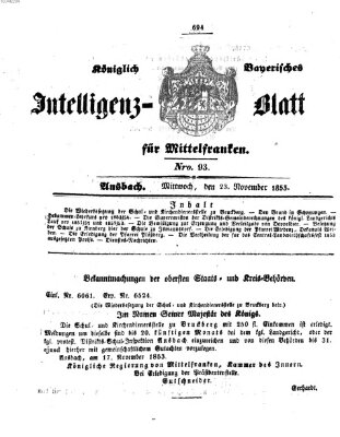 Königlich Bayerisches Intelligenzblatt für Mittelfranken (Ansbacher Intelligenz-Zeitung) Mittwoch 23. November 1853