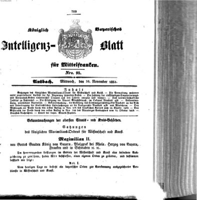 Königlich Bayerisches Intelligenzblatt für Mittelfranken (Ansbacher Intelligenz-Zeitung) Mittwoch 30. November 1853