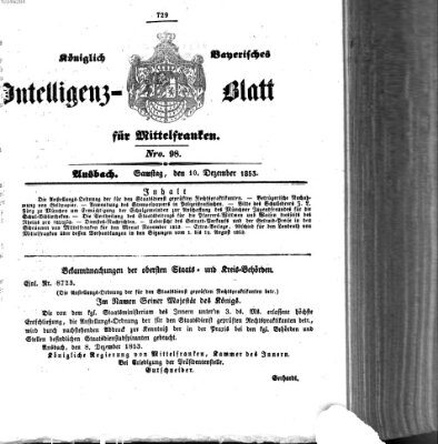 Königlich Bayerisches Intelligenzblatt für Mittelfranken (Ansbacher Intelligenz-Zeitung) Samstag 10. Dezember 1853