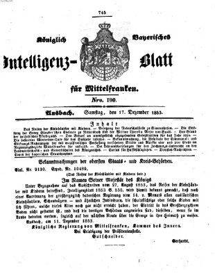 Königlich Bayerisches Intelligenzblatt für Mittelfranken (Ansbacher Intelligenz-Zeitung) Samstag 17. Dezember 1853