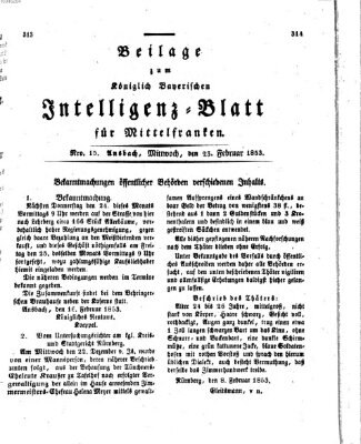 Königlich Bayerisches Intelligenzblatt für Mittelfranken (Ansbacher Intelligenz-Zeitung) Mittwoch 23. Februar 1853