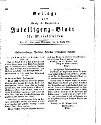 Königlich Bayerisches Intelligenzblatt für Mittelfranken (Ansbacher Intelligenz-Zeitung) Mittwoch 2. März 1853