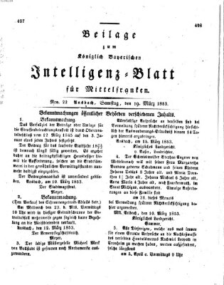 Königlich Bayerisches Intelligenzblatt für Mittelfranken (Ansbacher Intelligenz-Zeitung) Samstag 19. März 1853