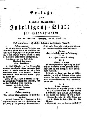 Königlich Bayerisches Intelligenzblatt für Mittelfranken (Ansbacher Intelligenz-Zeitung) Samstag 16. April 1853