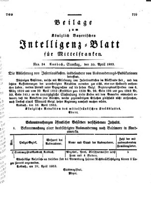 Königlich Bayerisches Intelligenzblatt für Mittelfranken (Ansbacher Intelligenz-Zeitung) Samstag 30. April 1853