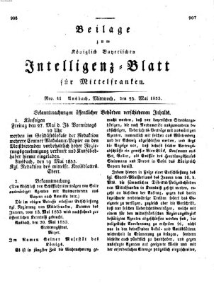 Königlich Bayerisches Intelligenzblatt für Mittelfranken (Ansbacher Intelligenz-Zeitung) Mittwoch 25. Mai 1853