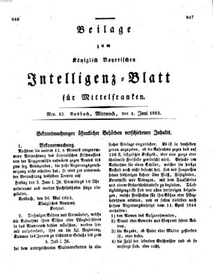 Königlich Bayerisches Intelligenzblatt für Mittelfranken (Ansbacher Intelligenz-Zeitung) Mittwoch 1. Juni 1853