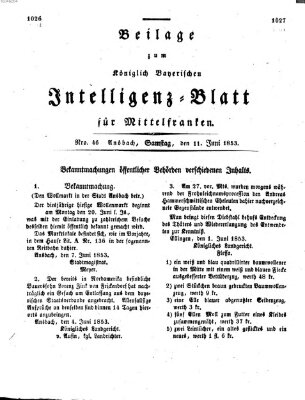 Königlich Bayerisches Intelligenzblatt für Mittelfranken (Ansbacher Intelligenz-Zeitung) Samstag 11. Juni 1853