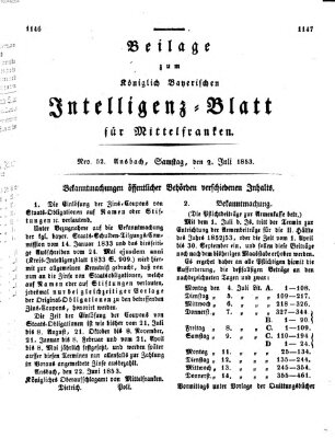 Königlich Bayerisches Intelligenzblatt für Mittelfranken (Ansbacher Intelligenz-Zeitung) Samstag 2. Juli 1853