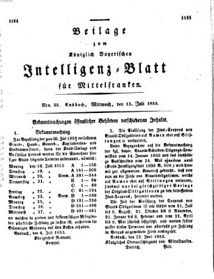 Königlich Bayerisches Intelligenzblatt für Mittelfranken (Ansbacher Intelligenz-Zeitung) Mittwoch 13. Juli 1853