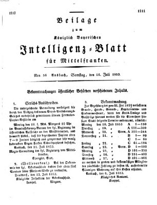 Königlich Bayerisches Intelligenzblatt für Mittelfranken (Ansbacher Intelligenz-Zeitung) Samstag 16. Juli 1853