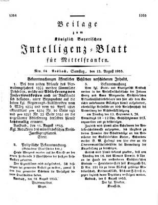 Königlich Bayerisches Intelligenzblatt für Mittelfranken (Ansbacher Intelligenz-Zeitung) Samstag 13. August 1853