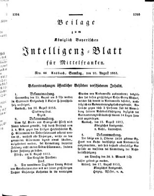 Königlich Bayerisches Intelligenzblatt für Mittelfranken (Ansbacher Intelligenz-Zeitung) Samstag 20. August 1853