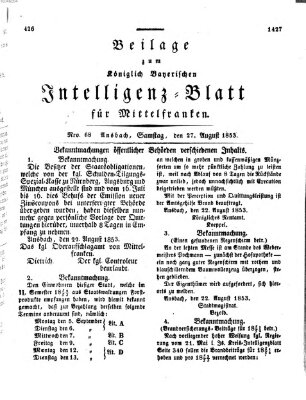 Königlich Bayerisches Intelligenzblatt für Mittelfranken (Ansbacher Intelligenz-Zeitung) Samstag 27. August 1853