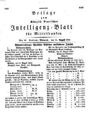 Königlich Bayerisches Intelligenzblatt für Mittelfranken (Ansbacher Intelligenz-Zeitung) Mittwoch 31. August 1853