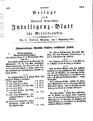 Königlich Bayerisches Intelligenzblatt für Mittelfranken (Ansbacher Intelligenz-Zeitung) Mittwoch 7. September 1853