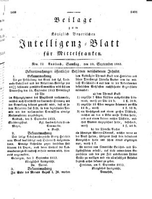 Königlich Bayerisches Intelligenzblatt für Mittelfranken (Ansbacher Intelligenz-Zeitung) Samstag 10. September 1853