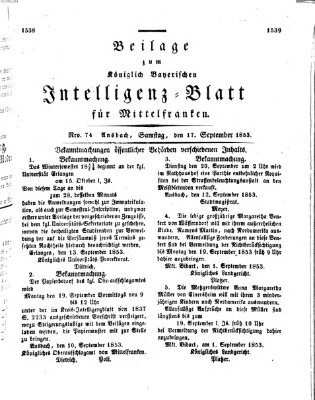 Königlich Bayerisches Intelligenzblatt für Mittelfranken (Ansbacher Intelligenz-Zeitung) Samstag 17. September 1853