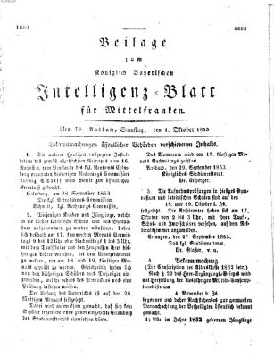 Königlich Bayerisches Intelligenzblatt für Mittelfranken (Ansbacher Intelligenz-Zeitung) Samstag 1. Oktober 1853