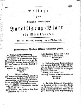 Königlich Bayerisches Intelligenzblatt für Mittelfranken (Ansbacher Intelligenz-Zeitung) Samstag 8. Oktober 1853