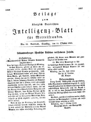 Königlich Bayerisches Intelligenzblatt für Mittelfranken (Ansbacher Intelligenz-Zeitung) Samstag 15. Oktober 1853