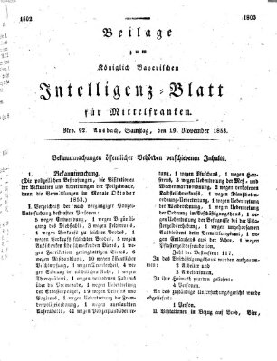 Königlich Bayerisches Intelligenzblatt für Mittelfranken (Ansbacher Intelligenz-Zeitung) Samstag 19. November 1853