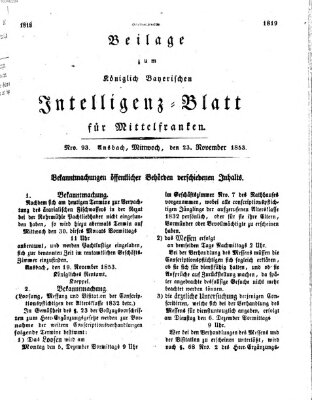 Königlich Bayerisches Intelligenzblatt für Mittelfranken (Ansbacher Intelligenz-Zeitung) Mittwoch 23. November 1853