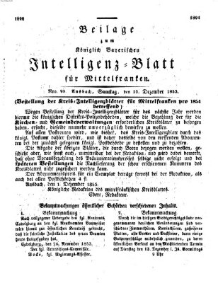 Königlich Bayerisches Intelligenzblatt für Mittelfranken (Ansbacher Intelligenz-Zeitung) Samstag 10. Dezember 1853