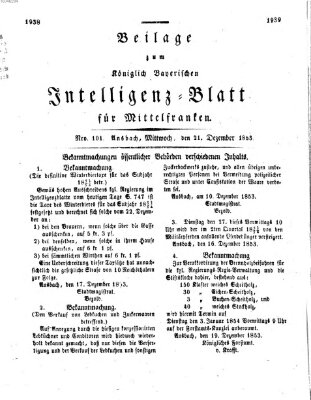 Königlich Bayerisches Intelligenzblatt für Mittelfranken (Ansbacher Intelligenz-Zeitung) Mittwoch 21. Dezember 1853