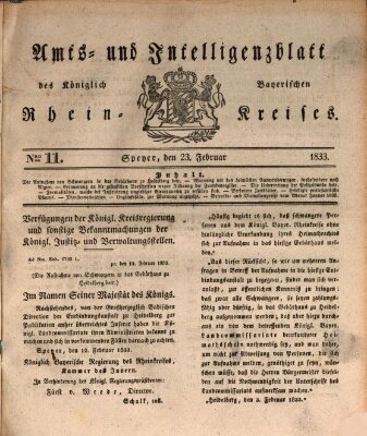 Amts- und Intelligenzblatt des Königlich Bayerischen Rheinkreises (Königlich bayerisches Amts- und Intelligenzblatt für die Pfalz) Samstag 23. Februar 1833