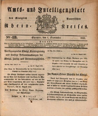 Amts- und Intelligenzblatt des Königlich Bayerischen Rheinkreises (Königlich bayerisches Amts- und Intelligenzblatt für die Pfalz) Freitag 6. September 1833