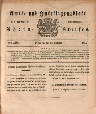 Amts- und Intelligenzblatt des Königlich Bayerischen Rheinkreises (Königlich bayerisches Amts- und Intelligenzblatt für die Pfalz) Mittwoch 23. Oktober 1833