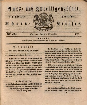 Amts- und Intelligenzblatt des Königlich Bayerischen Rheinkreises (Königlich bayerisches Amts- und Intelligenzblatt für die Pfalz) Montag 23. Dezember 1833