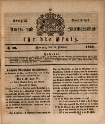 Königlich bayerisches Amts- und Intelligenzblatt für die Pfalz Freitag 16. Februar 1849