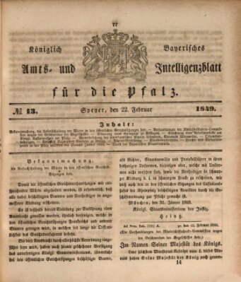 Königlich bayerisches Amts- und Intelligenzblatt für die Pfalz Donnerstag 22. Februar 1849