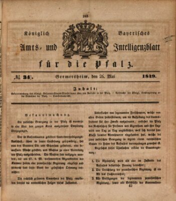 Königlich bayerisches Amts- und Intelligenzblatt für die Pfalz Samstag 26. Mai 1849