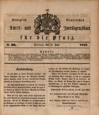 Königlich bayerisches Amts- und Intelligenzblatt für die Pfalz Samstag 30. Juni 1849