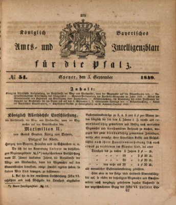 Königlich bayerisches Amts- und Intelligenzblatt für die Pfalz Montag 3. September 1849