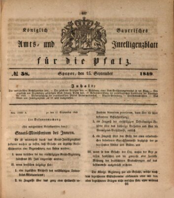 Königlich bayerisches Amts- und Intelligenzblatt für die Pfalz Samstag 15. September 1849