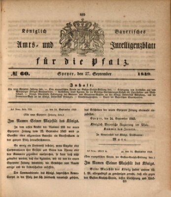 Königlich bayerisches Amts- und Intelligenzblatt für die Pfalz Donnerstag 27. September 1849