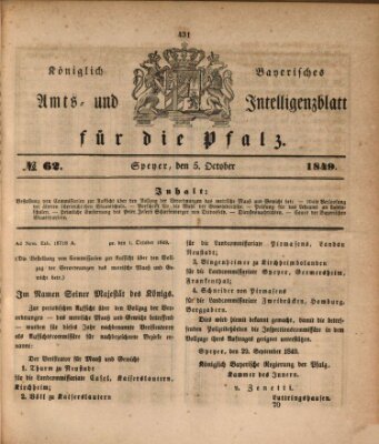 Königlich bayerisches Amts- und Intelligenzblatt für die Pfalz Freitag 5. Oktober 1849