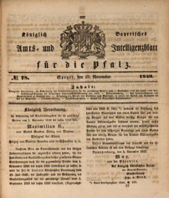 Königlich bayerisches Amts- und Intelligenzblatt für die Pfalz Donnerstag 29. November 1849