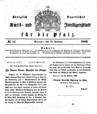 Königlich bayerisches Amts- und Intelligenzblatt für die Pfalz Samstag 28. Februar 1852